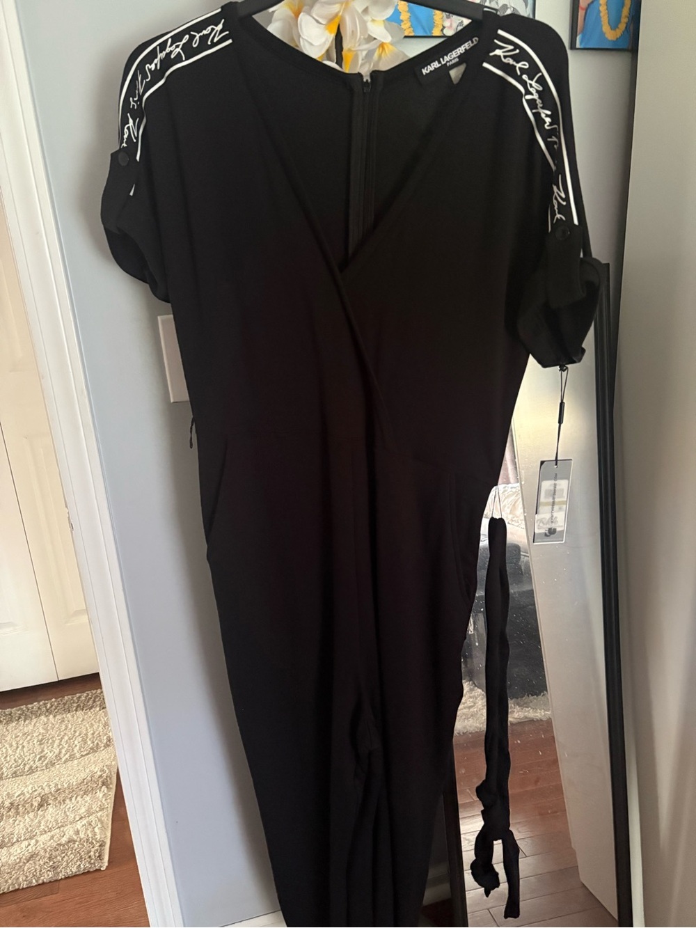 Karl Lagerfeld Black Short-Sleeve Jumpsuit with Script-Trim